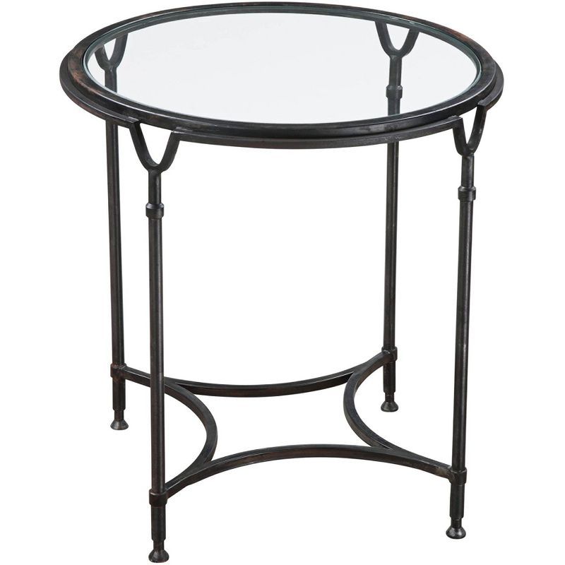 Equestrian-Inspired Aged Black Metal Round Side Table with Clear Glass Top