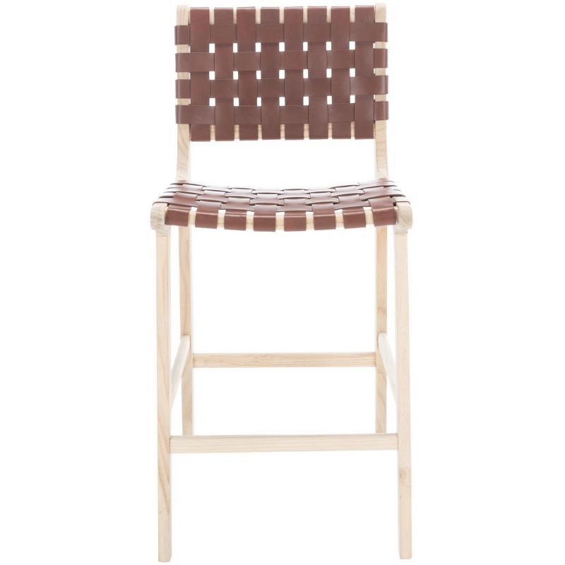 Cognac Leather and Natural Wood Counter Stool