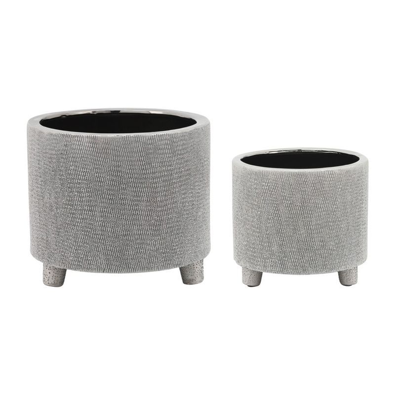 Set of 2 Silver Ceramic Footed Planter Pots