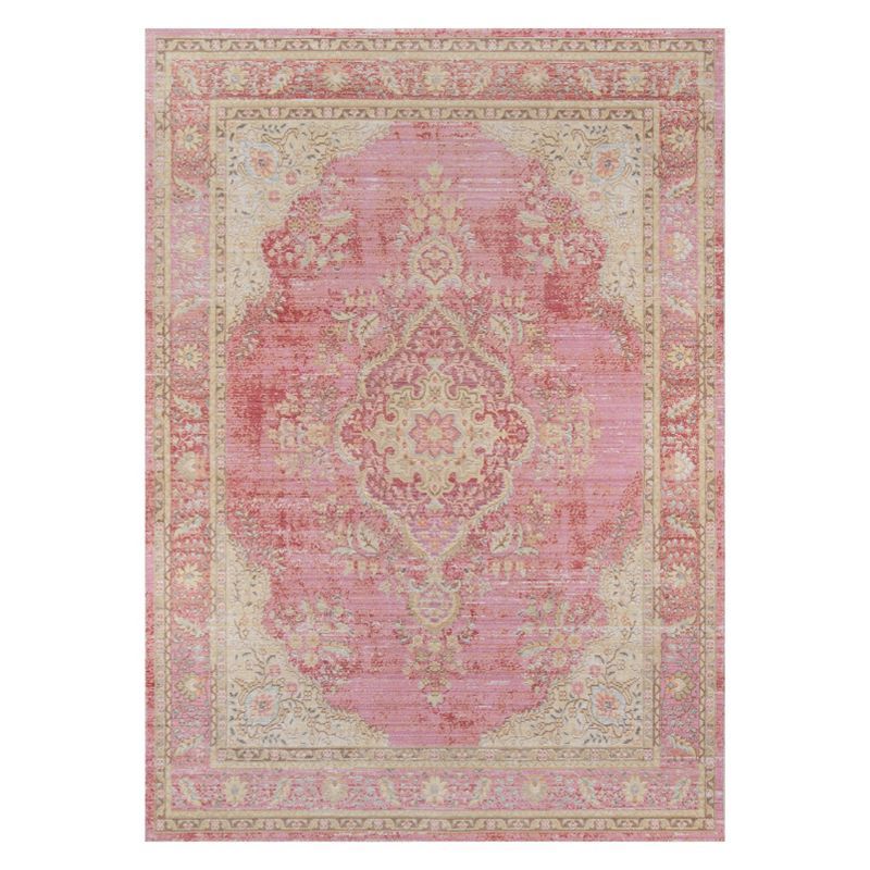 Pink Medallion Stain-Resistant Synthetic Flat Weave Area Rug