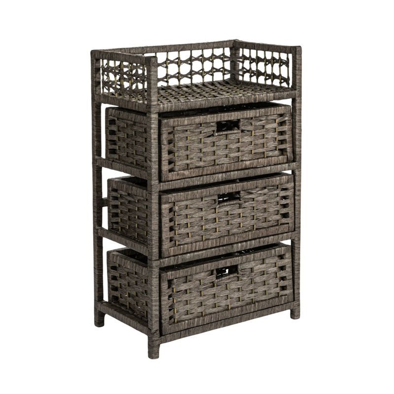 Gray Woven Paper Rope 3-Drawer Storage Chest with Top Shelf