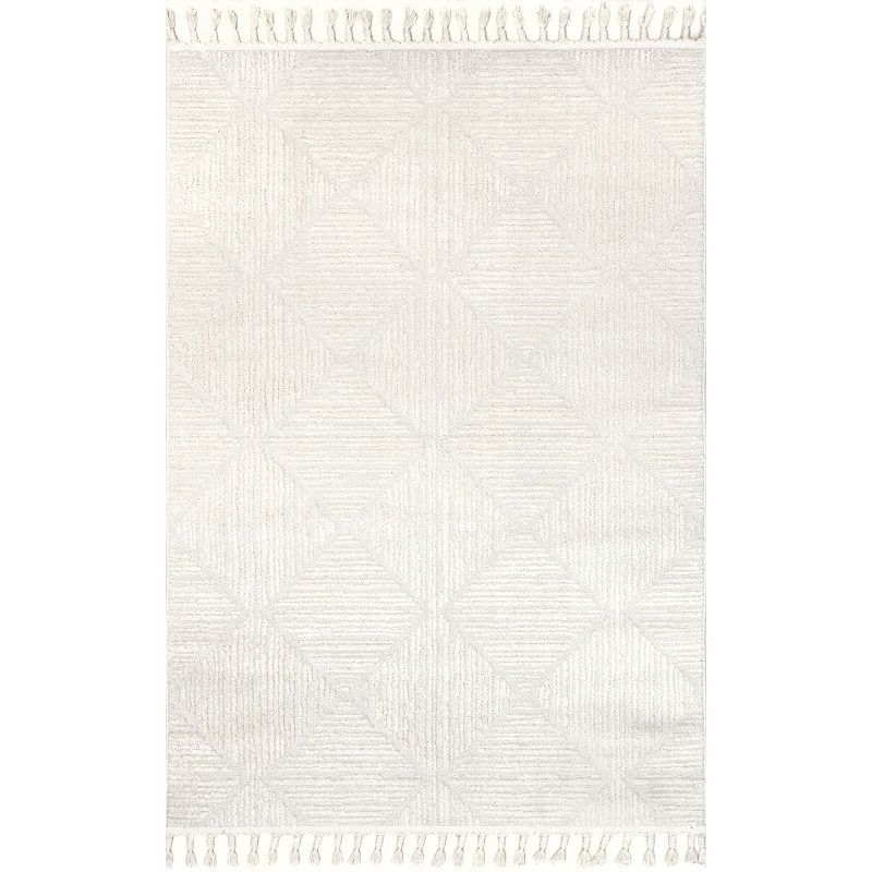 Cream Geometric 10' x 14' Synthetic Area Rug with Tassels