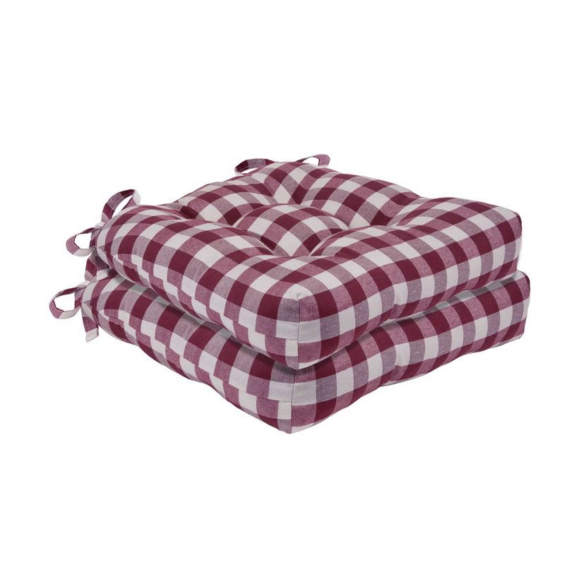 Burgundy Buffalo Check Tufted Chair Cushions, 16" x 15" x 3", Set of 2
