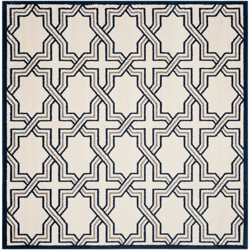 Ivory & Navy Hand-Knotted Geometric Square Synthetic Rug