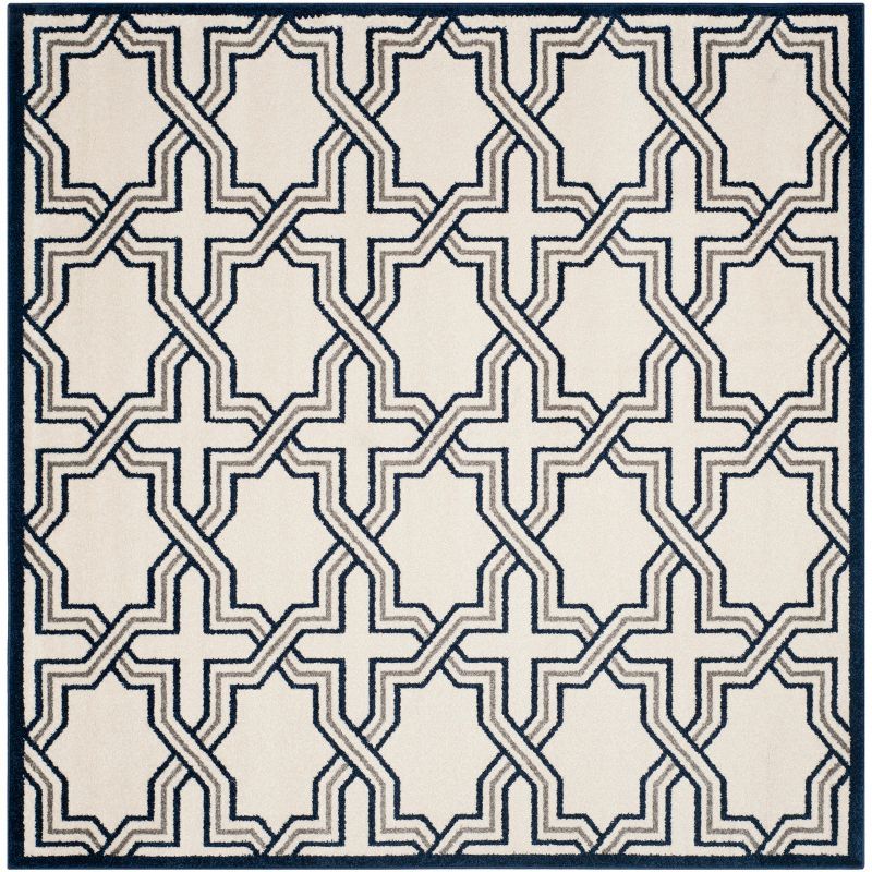 Ivory & Navy Hand-Knotted Geometric Square Synthetic Rug