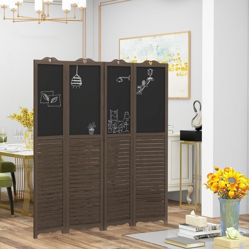 Walnut Brown 4-Panel Folding Room Divider with Blackboard