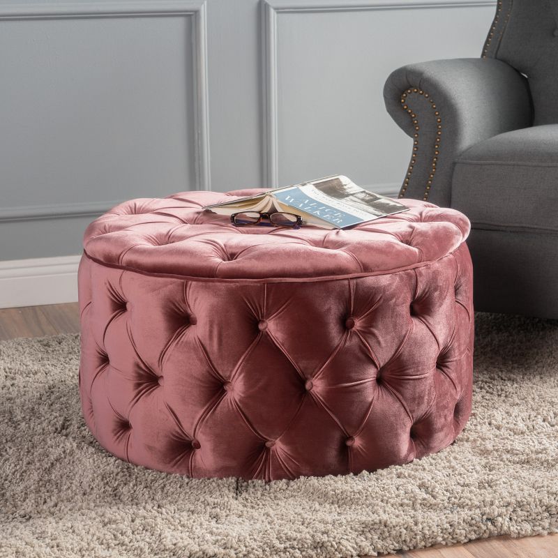 Zuma Blush Velvet Tufted 29.5'' Modern Glam Ottoman
