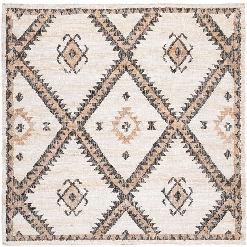 Ivory and Black Handmade Square Kilim Area Rug