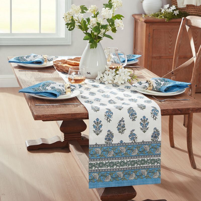 White and Blue Floral Polyester Table Runner with Border Embellishment