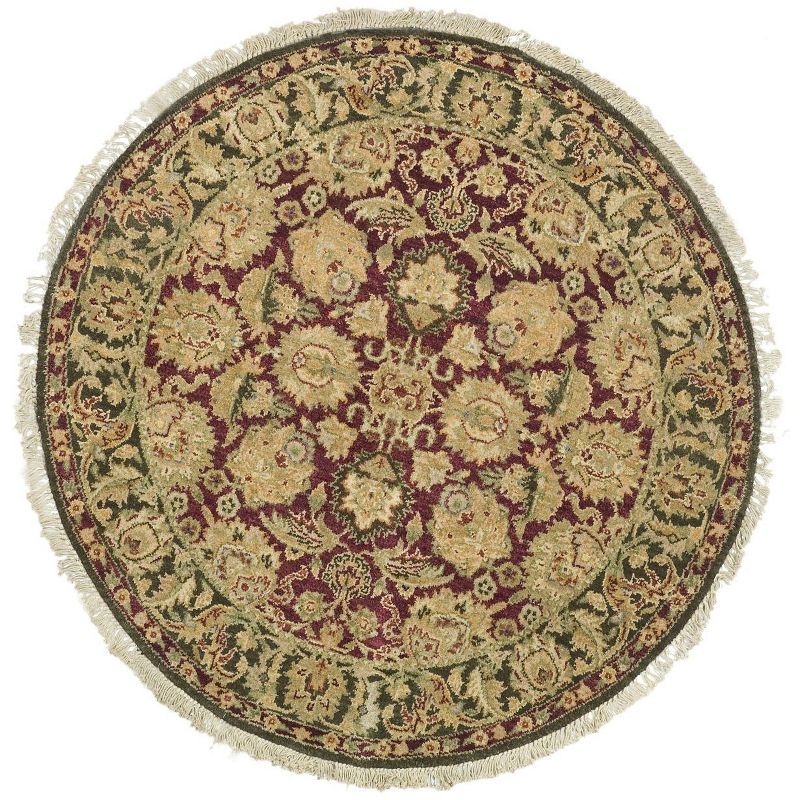 Handmade Burgundy and Green Wool 4' Round Rug