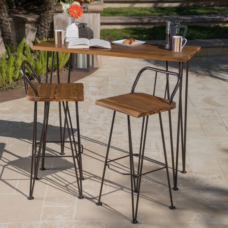 Denali 3-Piece Teak Acacia Wood and Iron Outdoor Bar Set