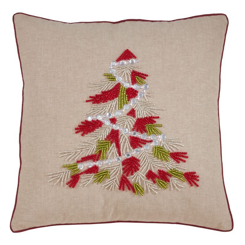 Festive Red Beaded Christmas Tree 18" Cotton Throw Pillow Cover