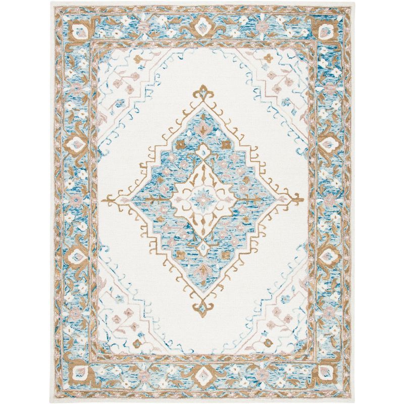 Ivory and Blue Medallion Wool 8' x 10' Handmade Rug