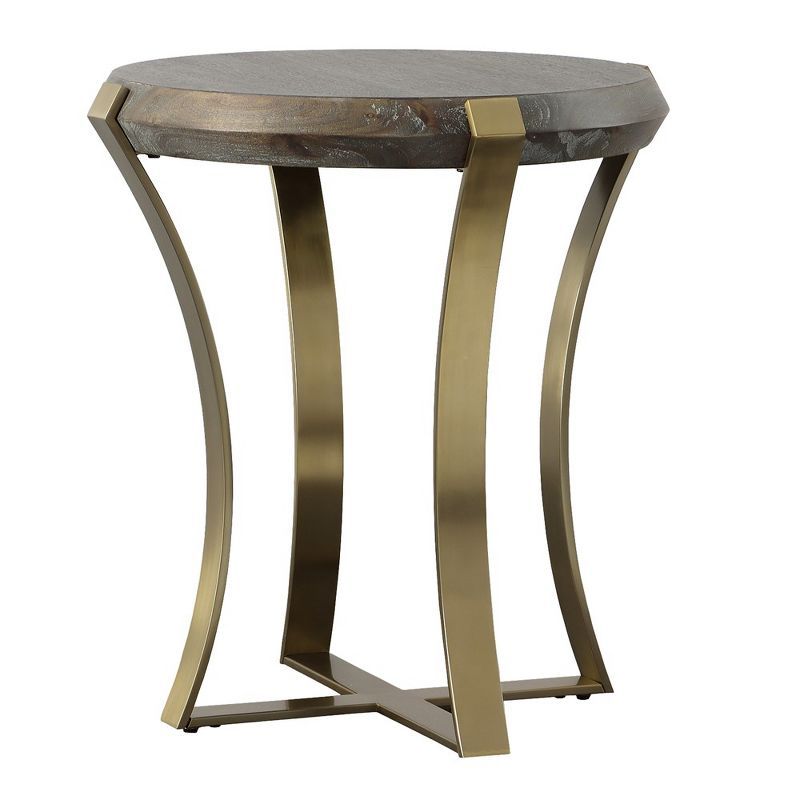 Round Brown Wood and Brass Metal Side Table