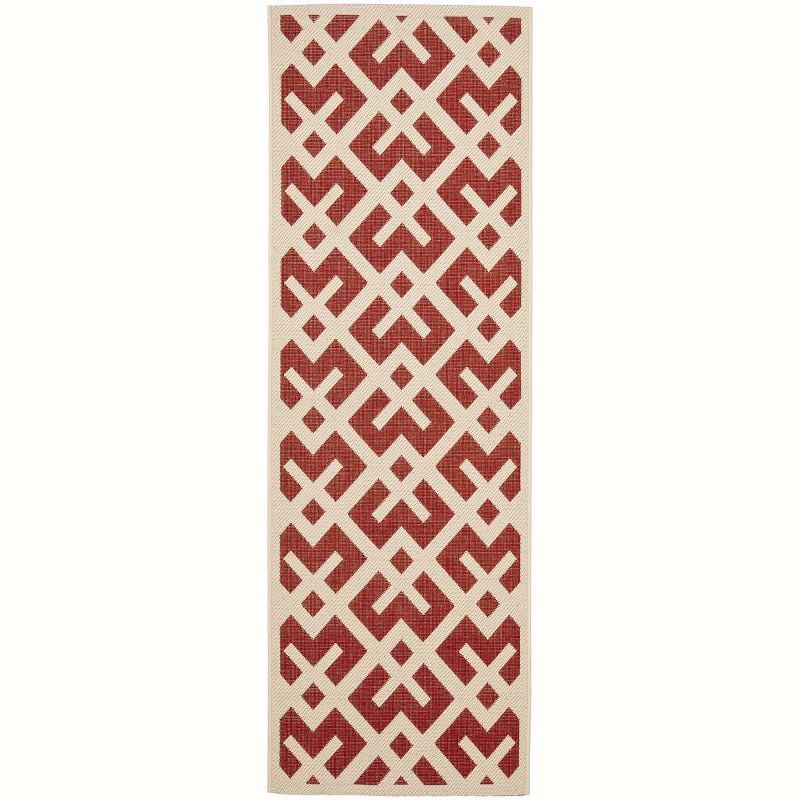 Red and Bone Geometric Low Pile Indoor/Outdoor Runner Rug