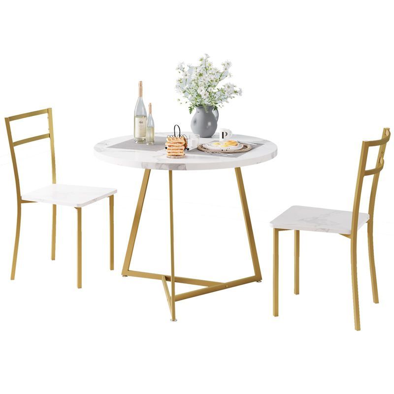 Golden Metal Frame Round Dining Table Set with White Marble Top