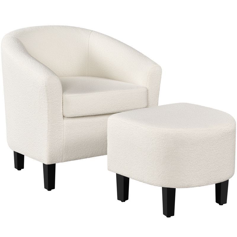 Ivory Velvet Barrel Chair and Ottoman Set with Wood Legs