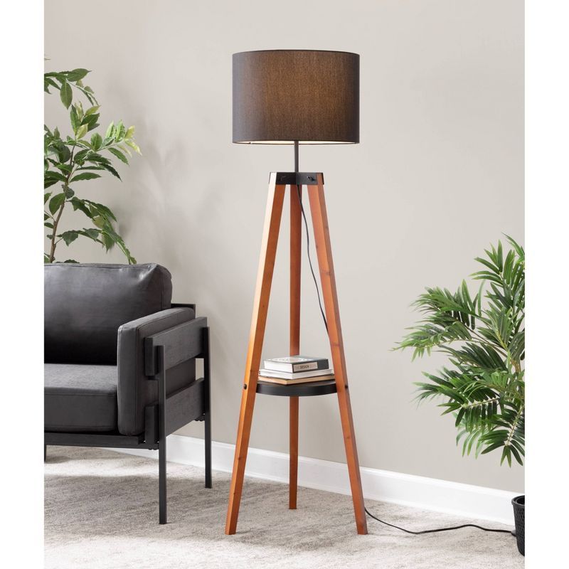 Walnut Wood Black Linen Tripod Floor Lamp with Shelf