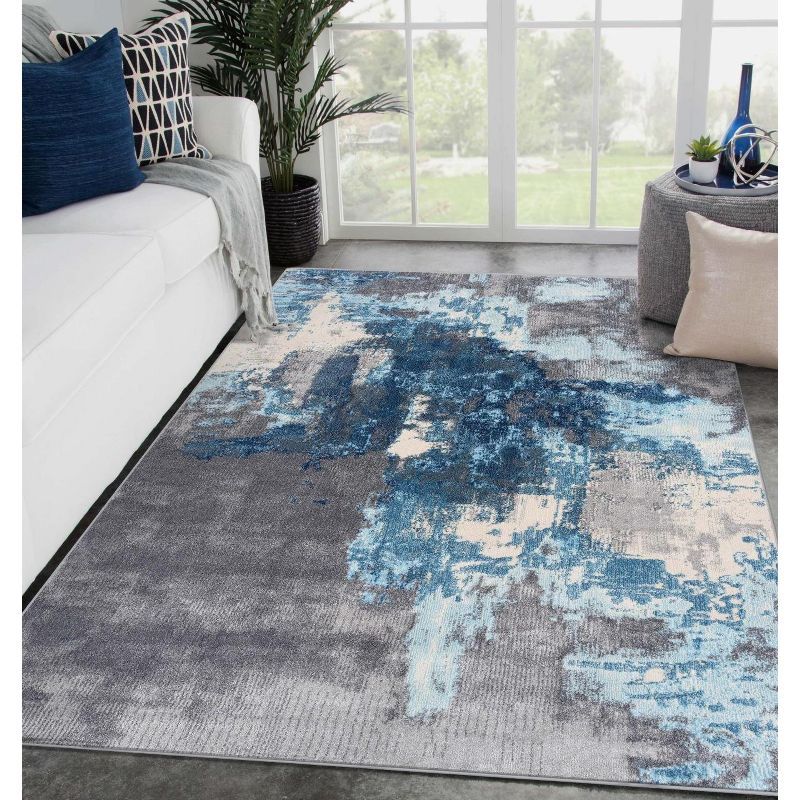 Gray and Blue Abstract Synthetic Area Rug 4x5