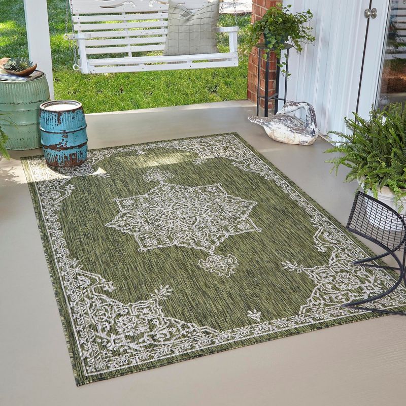 Green Rectangular Stain-Resistant Outdoor Area Rug