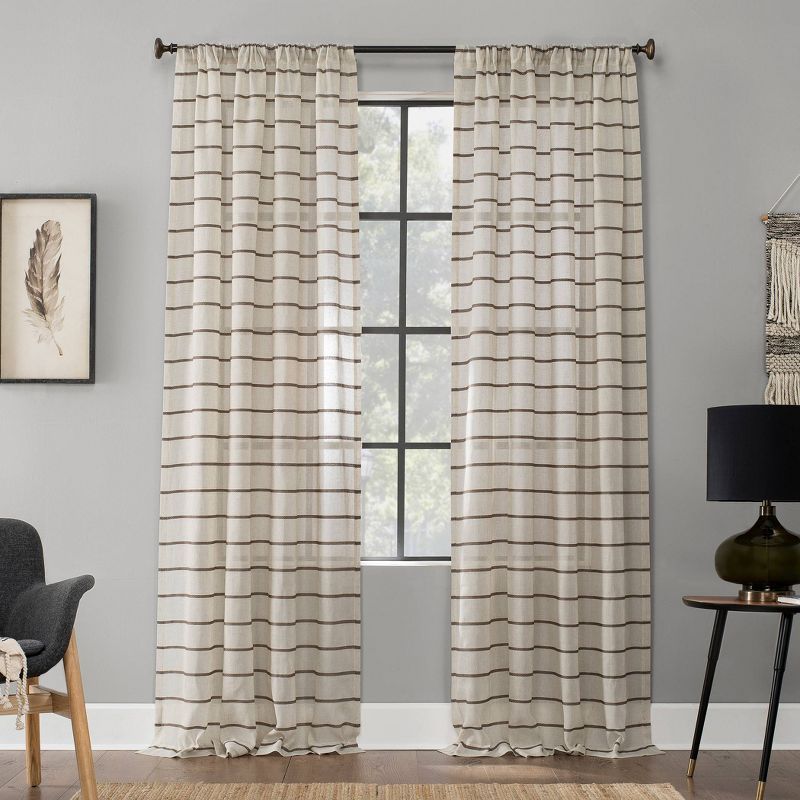 Mocha Linen Blend Sheer Twill Stripe Curtain Panel