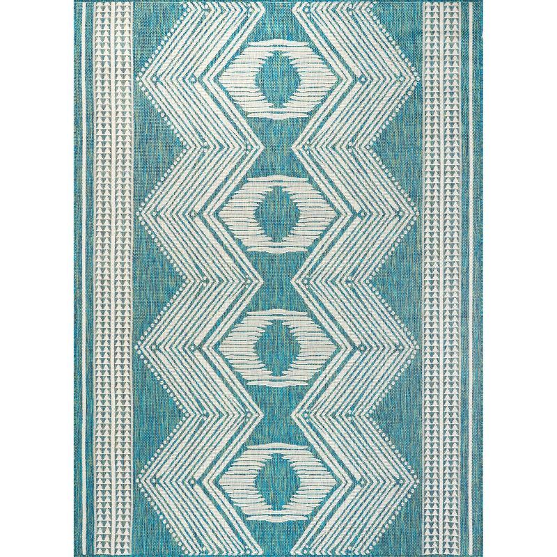 Teal and White Synthetic Tribal Geometric 5' x 8' Outdoor Rug