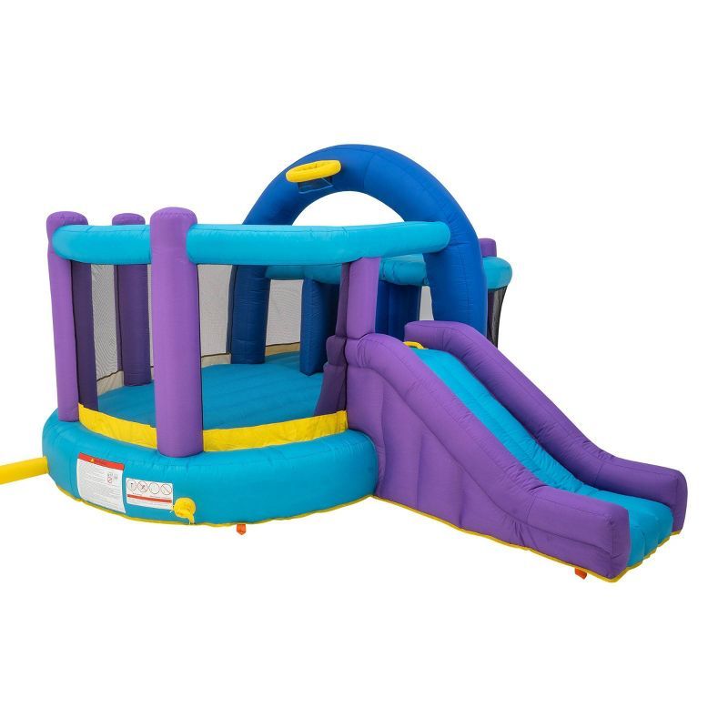 Blue and Purple Inflatable Bounce House with Slide and Basketball Hoop