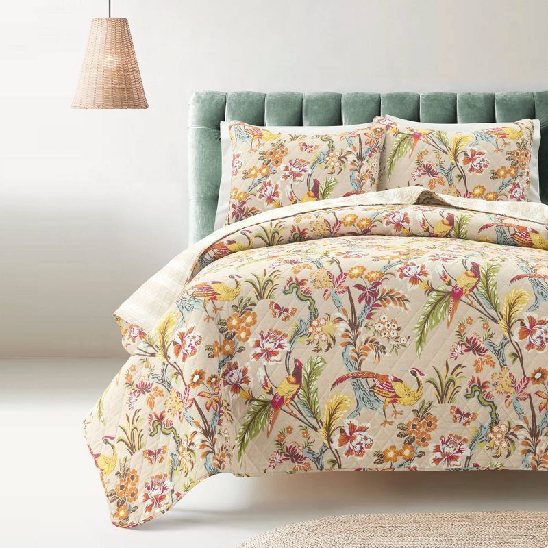 Dolores King Reversible Cotton Quilt Set with Floral and Bird Pattern