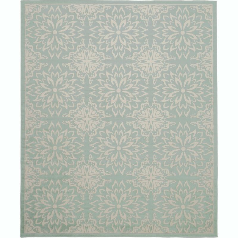 Ivory and Green Floral Synthetic Rectangular Rug 8' x 10'