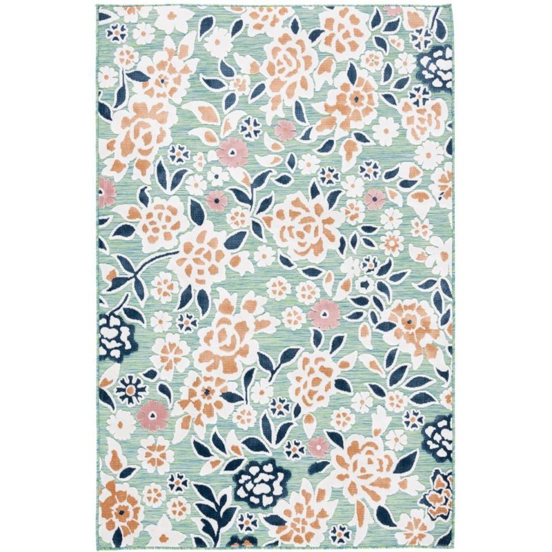 Floral Green & Navy Round Synthetic 8' x 10' Area Rug