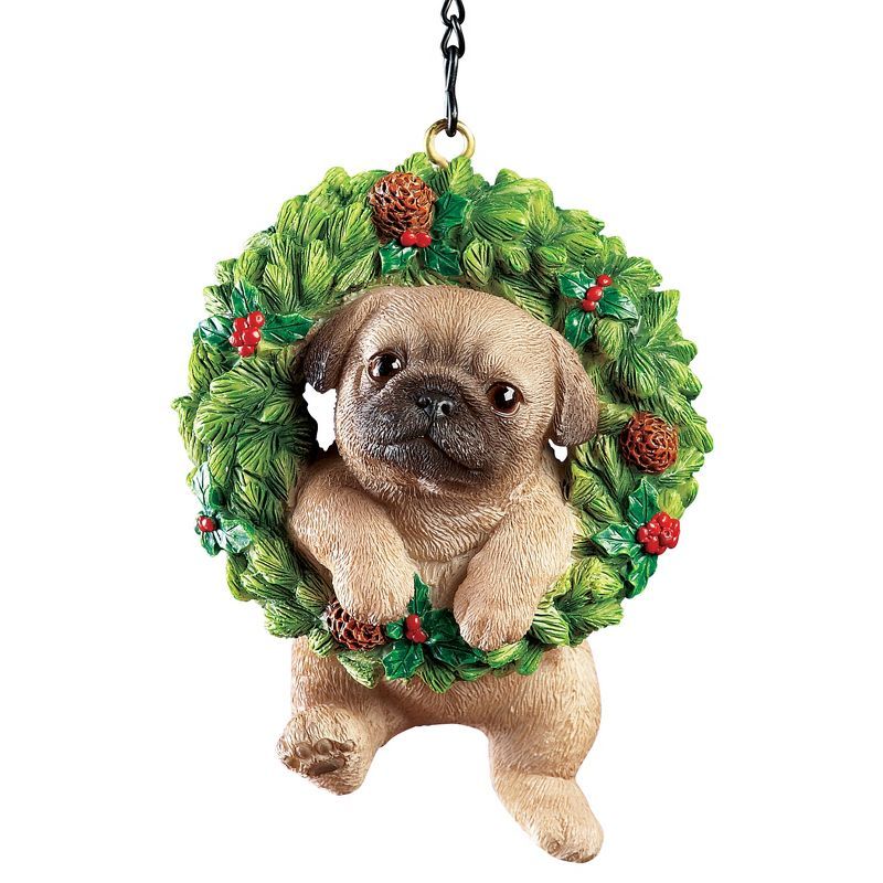 Hand-Painted Pug in Evergreen Wreath Resin Ornament