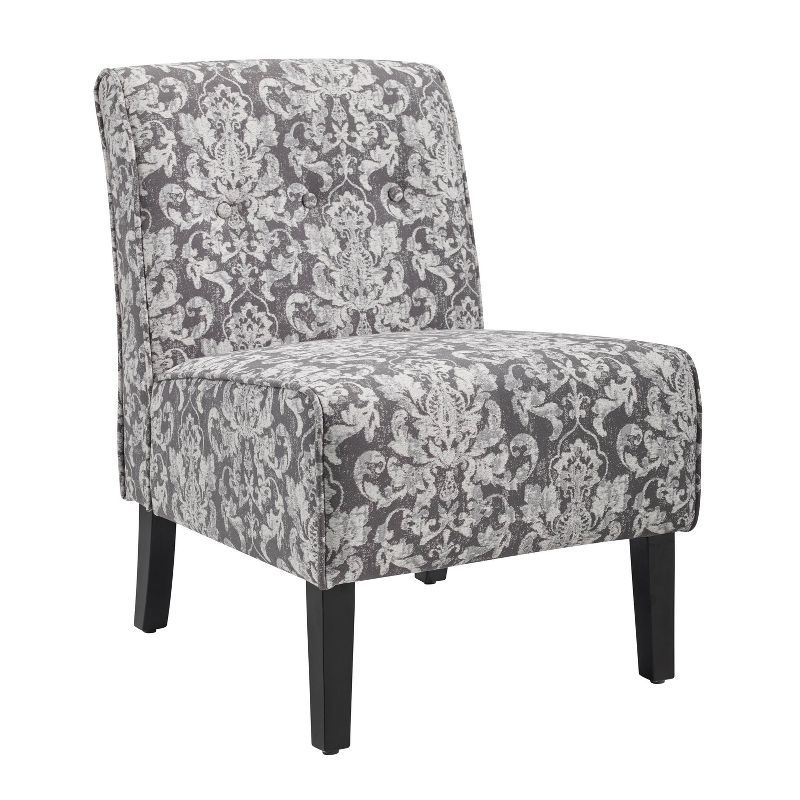 Elegant Gray Damask Slipper Chair with Sturdy Wood Frame