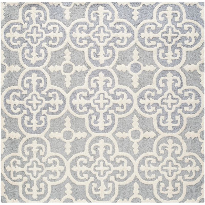 Silver and Ivory Hand-Tufted Wool Geometric Area Rug, 4' x 4'