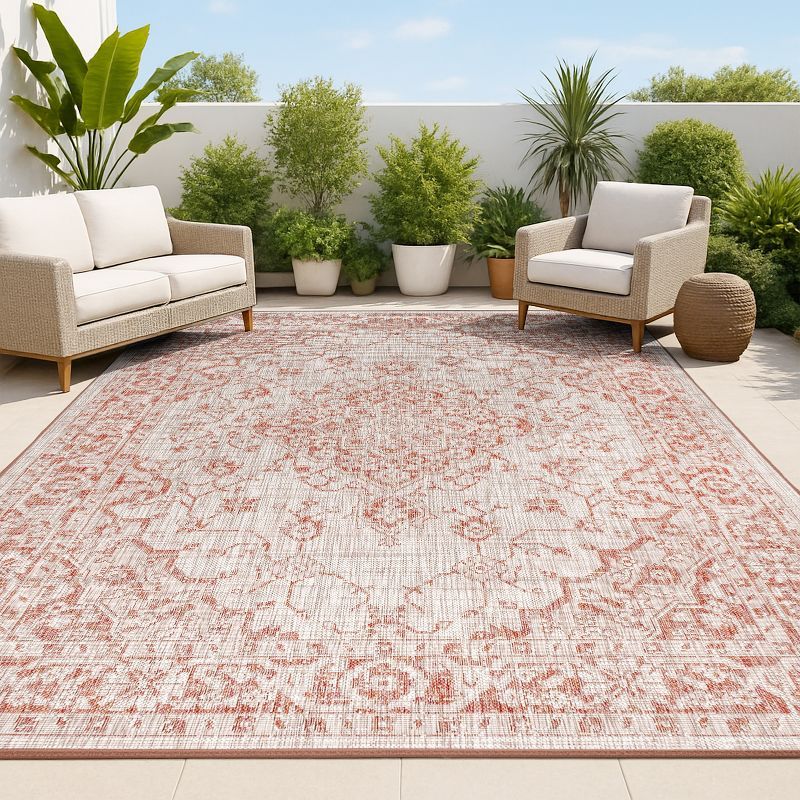 Rozetta Red and Taupe Synthetic Medallion 4' x 6' Area Rug