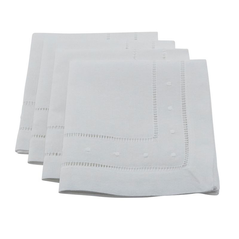 White Embroidered Hemstitched Cotton Napkins, Set of 4