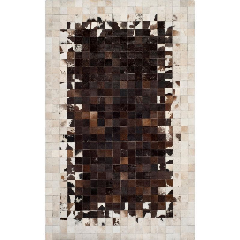 Ivory and Dark Brown Handmade Geometric Cowhide Rug