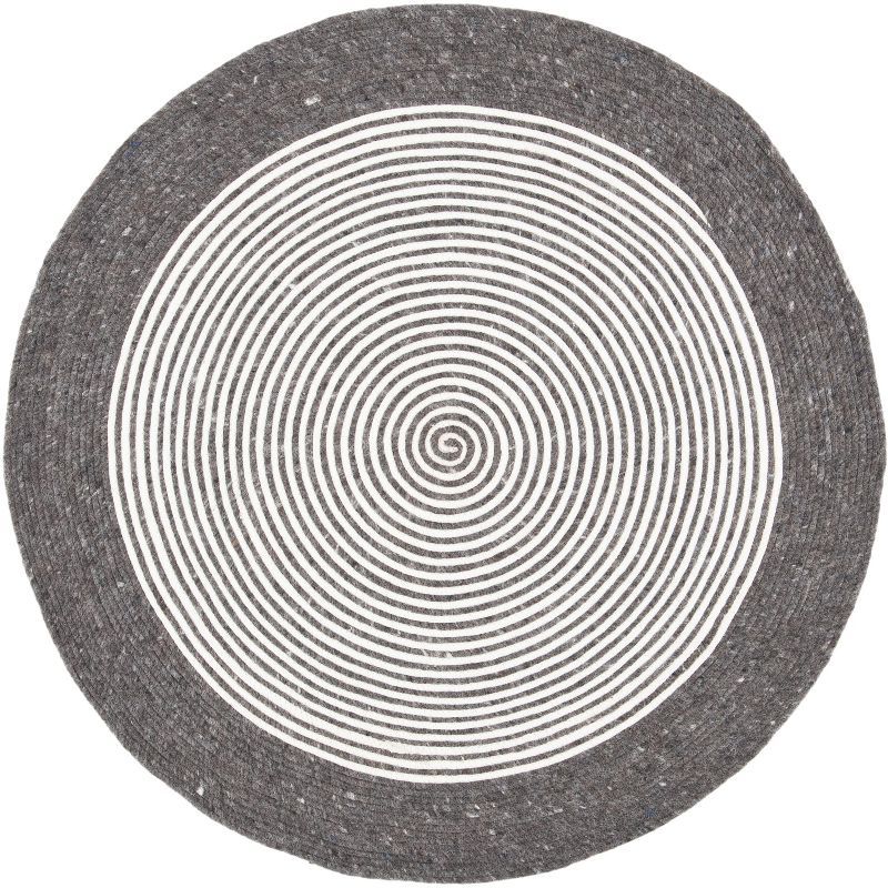 Charcoal and Ivory Round Braided Wool Area Rug, 3'