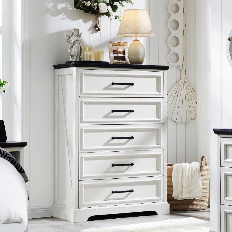 46" White and Black Farmhouse Wood 5-Drawer Dresser