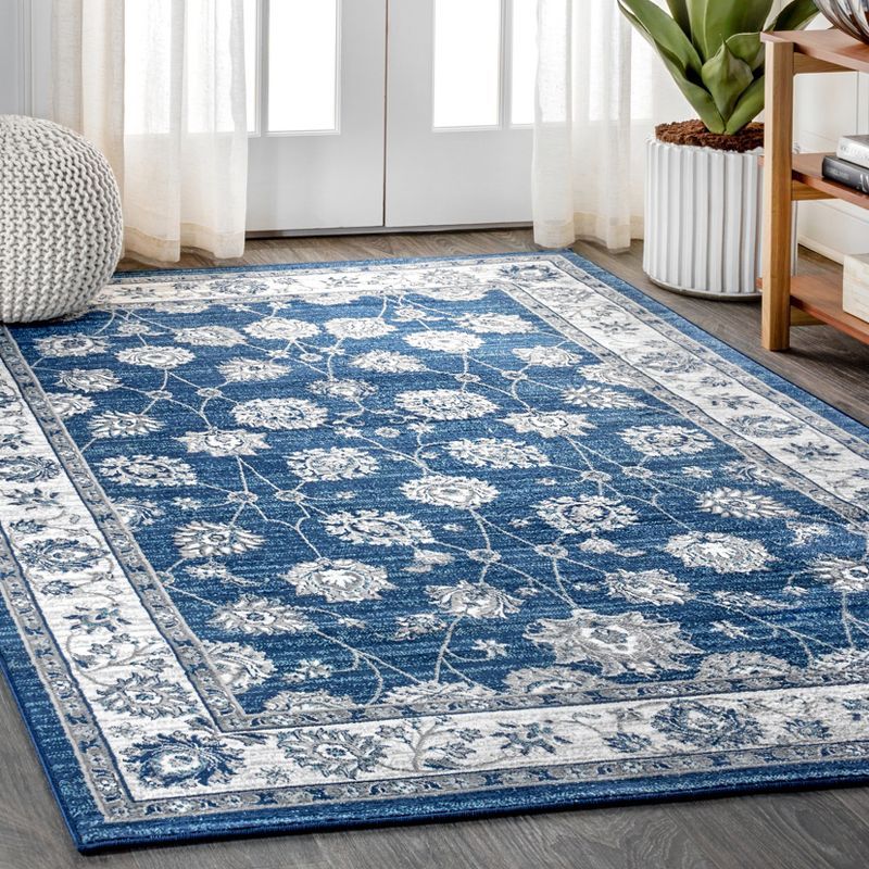 Reversible Navy/Light Grey Floral Synthetic Area Rug 3x5