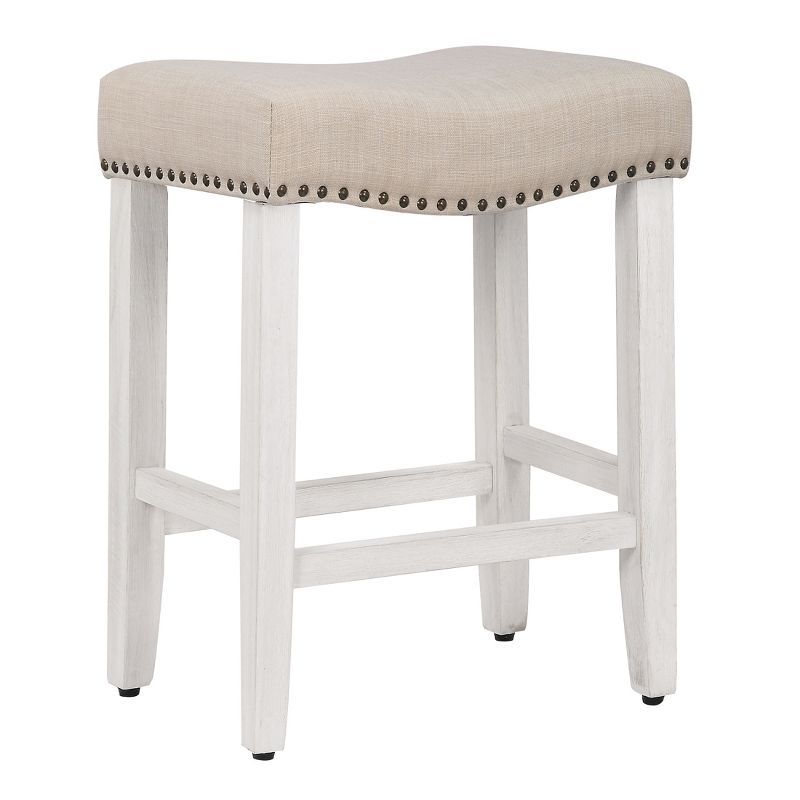 Beige Upholstered Wood Saddle-Style Counter Stool 24"