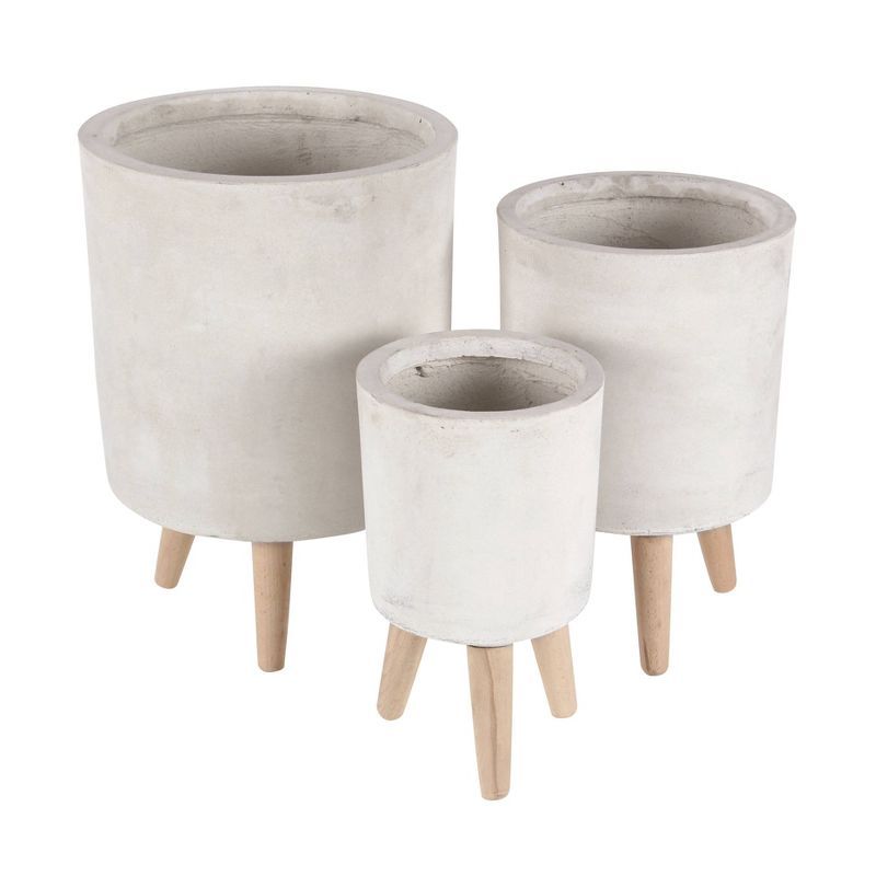 Set of 3 White Fiber Clay Planters with Wooden Legs