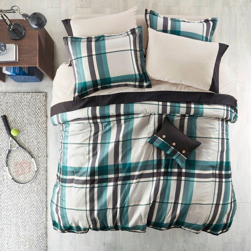 Twin Black and Teal Plaid Microfiber Bed in a Bag Set