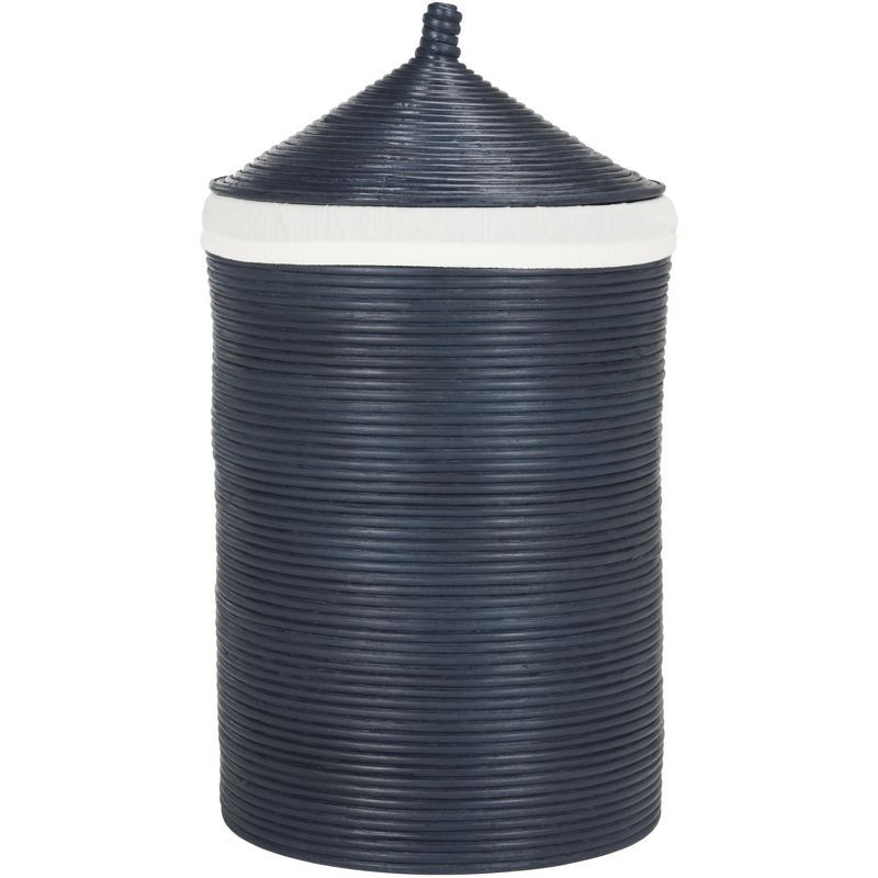 Navy and White Rattan Upright Hamper with Lid