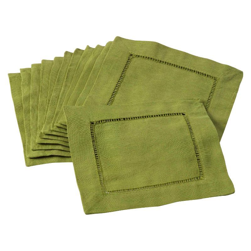 Lime Hemstitched Linen Blend Cocktail Napkins, Set of 12