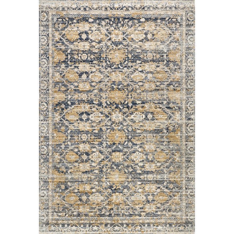 Blue and Beige Medallion Washable Synthetic Area Rug