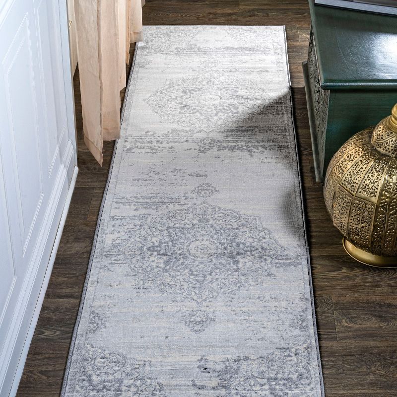 Intricate Persian Motif Light Gray Synthetic Runner Rug - Easy Care