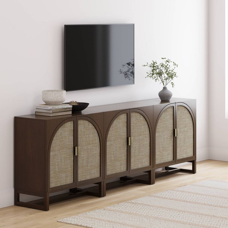 Paxton Dark Brown Wood Console with Faux Rattan Doors