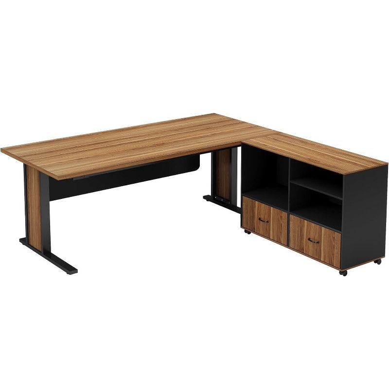 Rustic Brown & Black L-Shaped Executive Desk with Filing Cabinet