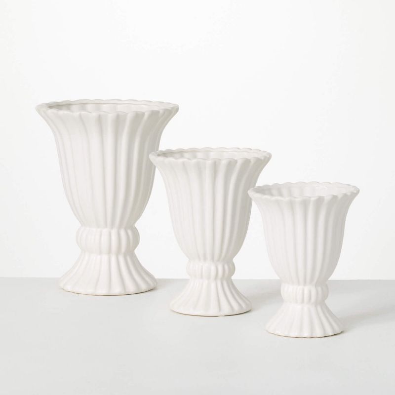 Matte White Ribbed Ceramic Urn Set of 3