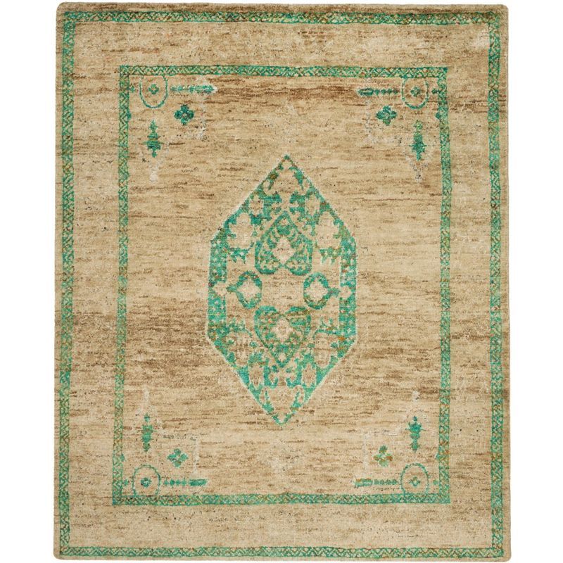 Hand-Knotted Beige and Emerald Wool Viscose 8' x 10' Rug